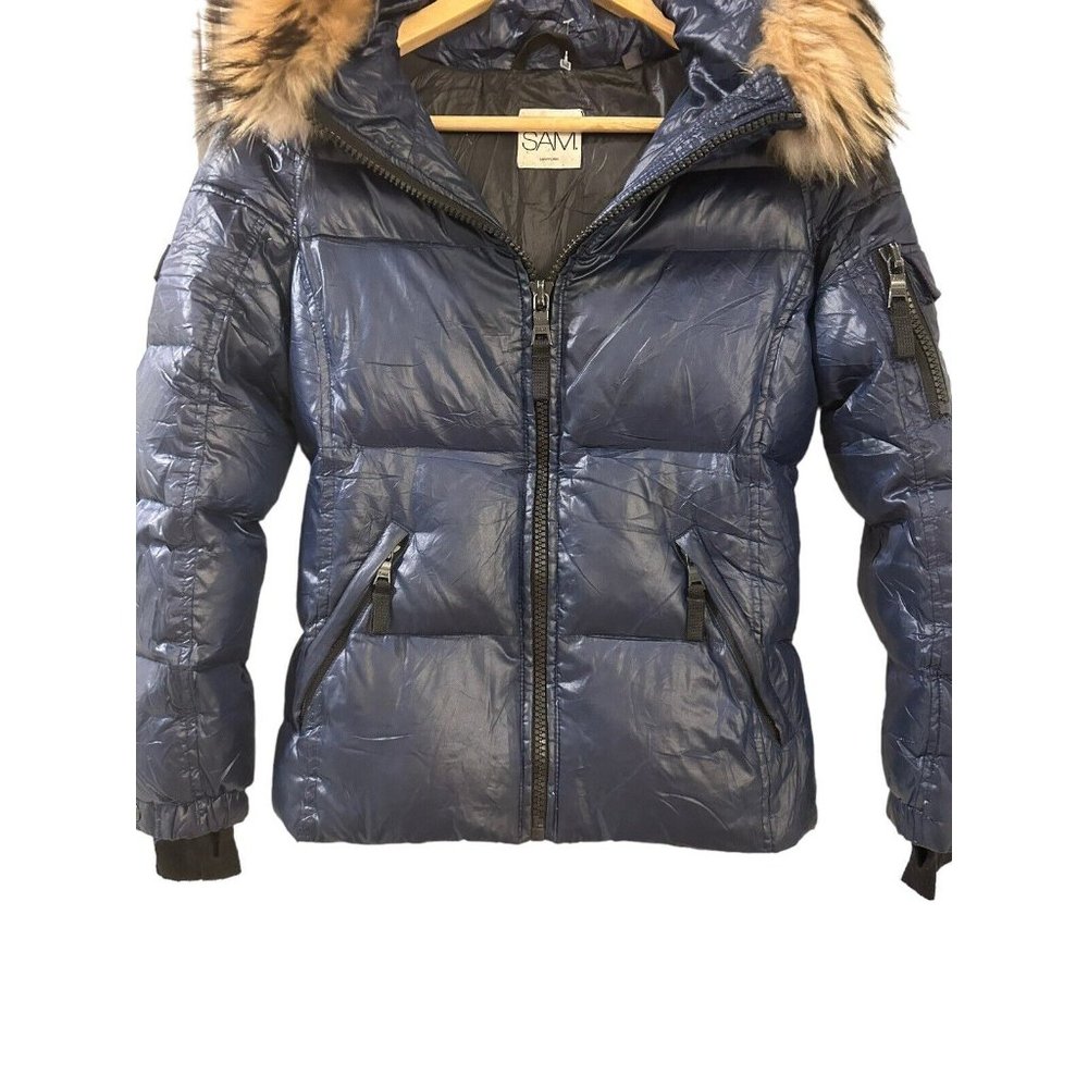 SAM Womens Down Puffer Jacket  Black Raccoon Fur Trimmed Size XXS MSRP 450 - Picture 5 of 13